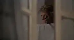 Man aiming rifle through window