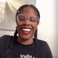 Woman laughing with sparkles and hand gestures