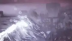 Glowing sword slash in dark room