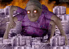 Giant glowing-eyed grandma over city