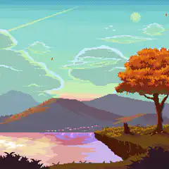 Pixel art autumn landscape with falling leaves