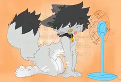 anime cat cooling off with fan