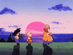Goku, Krillin, and Master Roshi running at sunset