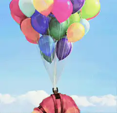 Dog lifted by balloons