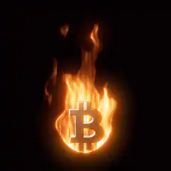 Bitcoin symbol engulfed in flames