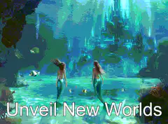 Two mermaids swimming in an underwater castle