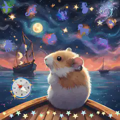 Hamster sailing under magical starry sky