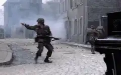 Soldiers running past a piano in war