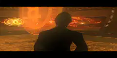 Bitcoin man drinking in cyberpunk room