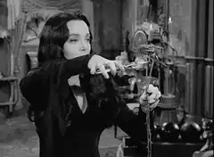Morticia Addams pruning a rose