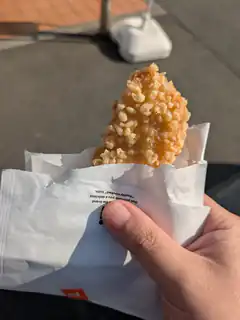 Hand holding a crispy chicken tender