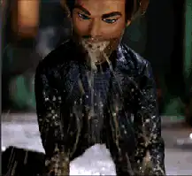 Puppet vomits brown liquid