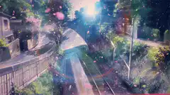 anime train tracks with lens flare