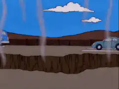 Glowing Homer Simpson rises from a trench