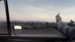 Hand pointing out car window at desert
