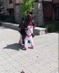 Deadpool riding inflatable unicorn