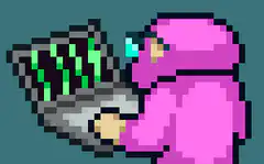 pixel art character with laptop
