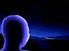 Glowing purple silhouette watching a shooting star