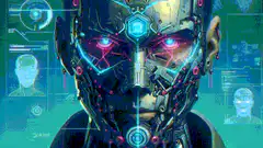 Cyberpunk robot face with glowing eyes