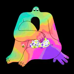 Rainbow blob holding a sleeping cat