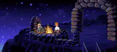 Two characters sitting by a campfire at night