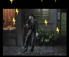 Man dancing in the rain with lightning bolts