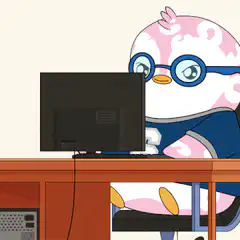 Pink bird character typing on computer
