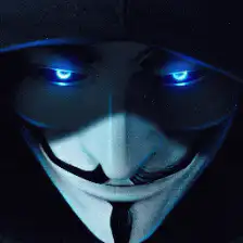 Guy Fawkes mask with glowing blue eyes