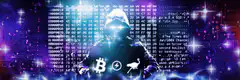 Hacker with Bitcoin and Doge logos