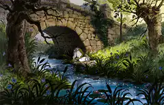 cat sleeping under stone bridge