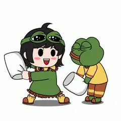 chibi girl and frog pillow fight