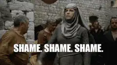 Cersei Lannister walking through crowd shouting shame