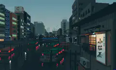 Pixel art city street at night