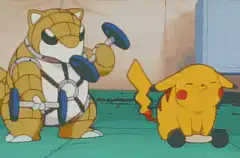 Pikachu and Machop lifting weights