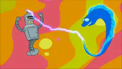Bender and Leela in a psychedelic background