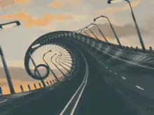Surreal curving highway at sunset