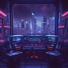 Futuristic spaceship cockpit with neon city view