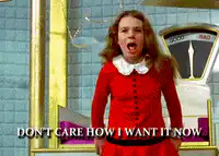Girl in red dress screaming with text