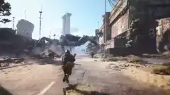 Soldier running from giant robot