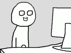 Stickman at computer with tiny face