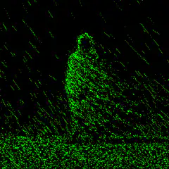 green pixelated figure in rain