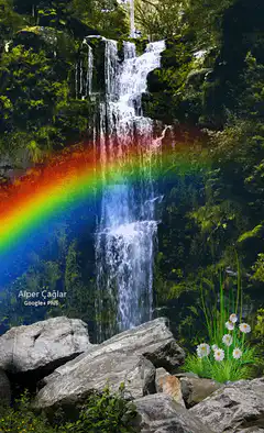 waterfall with rainbow and flowers