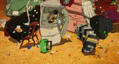 cluttered room with confetti