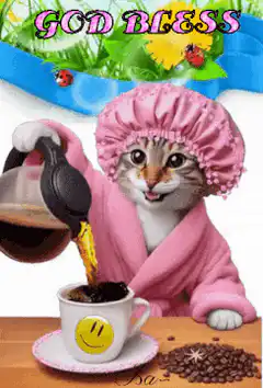 Cat in pink robe pouring coffee