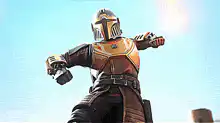 The Mandalorian flying with jetpack