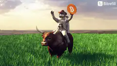 Astronaut riding a bull with Bitcoin