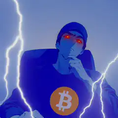 Bitcoin man with glowing red eyes and lightning