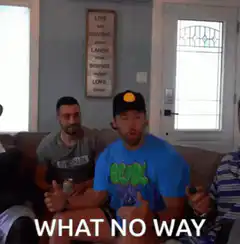 Man in blue AC/DC shirt laughing what no way