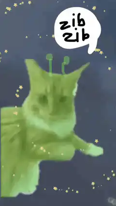 Green cat with antennae saying zib zib