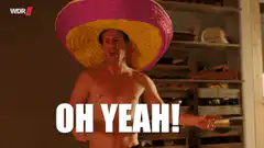 Shirtless man in sombrero shouting OH YEAH TEQUILA